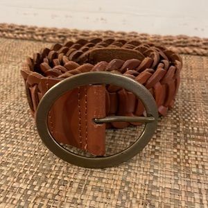 Vintage Leather Woven Belt with Brass Oval Buckle